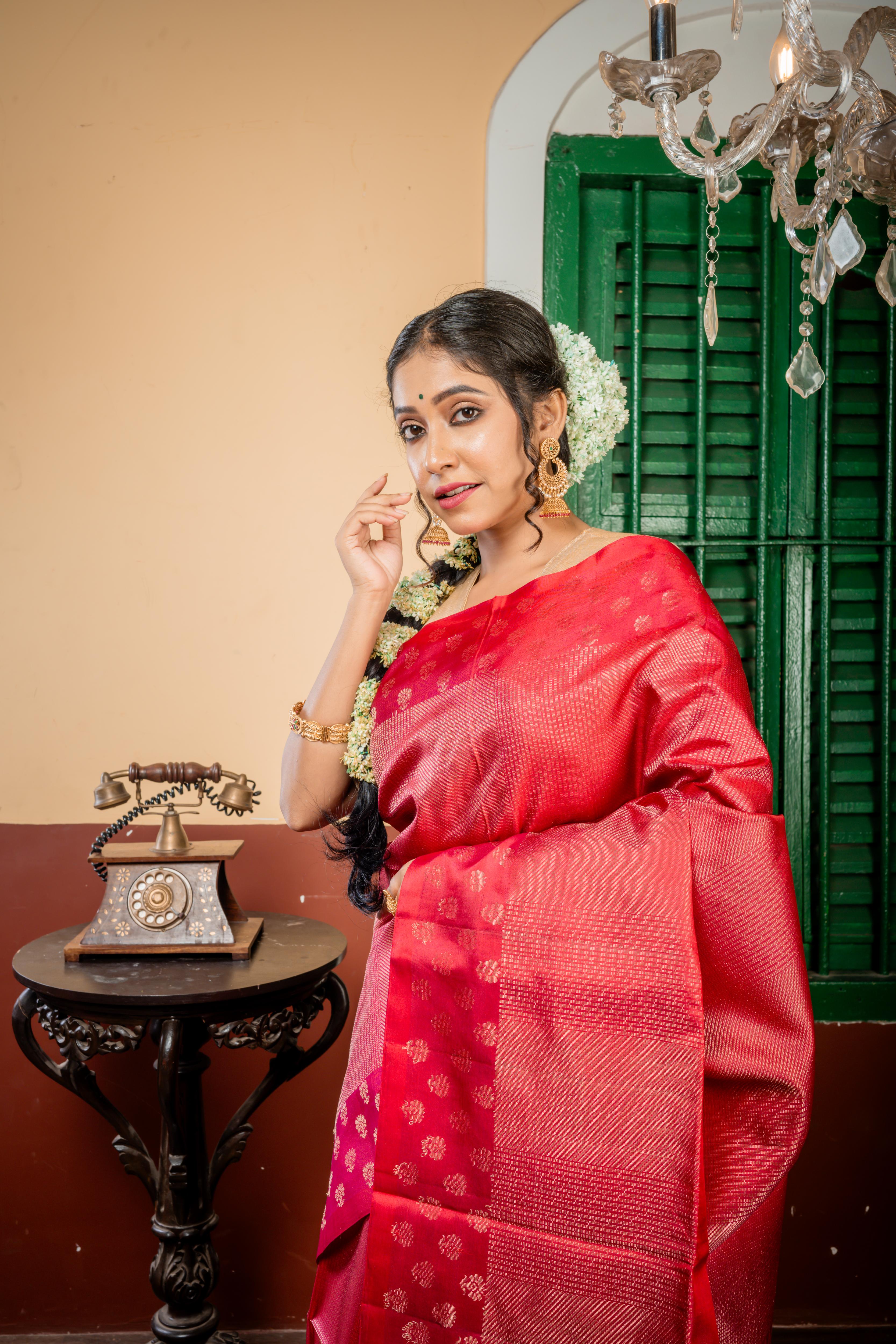 Ujjayini || Maroon & Purple dual tone Pattu Soft Silk Handloom Saree with all over Antique Gold Zari Abstract design & Traditional Buta, Smokey Taupe & Purple dual-tone Border and Pallu with Antique Gold Zari Traditional & Abstract mixed design