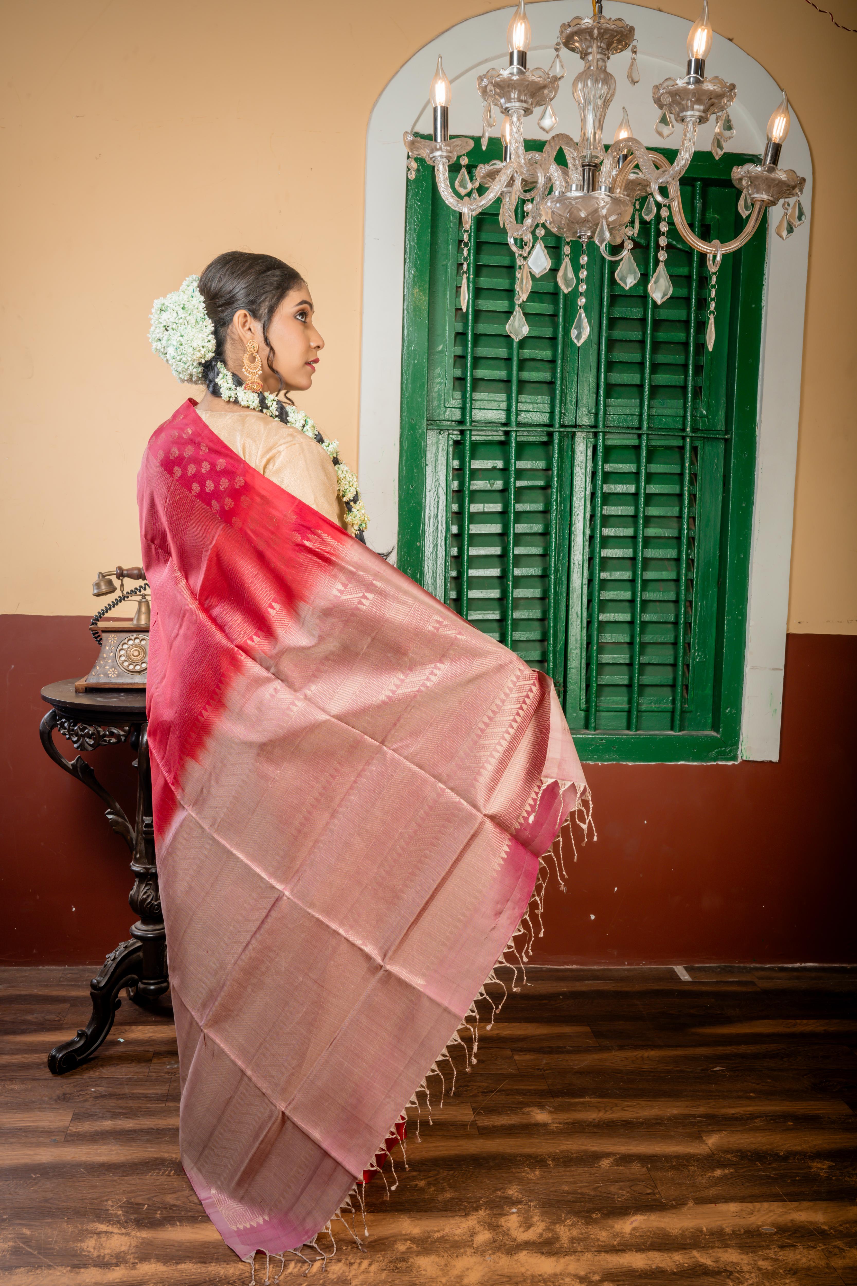 Ujjayini || Maroon & Purple dual tone Pattu Soft Silk Handloom Saree with all over Antique Gold Zari Abstract design & Traditional Buta, Smokey Taupe & Purple dual-tone Border and Pallu with Antique Gold Zari Traditional & Abstract mixed design
