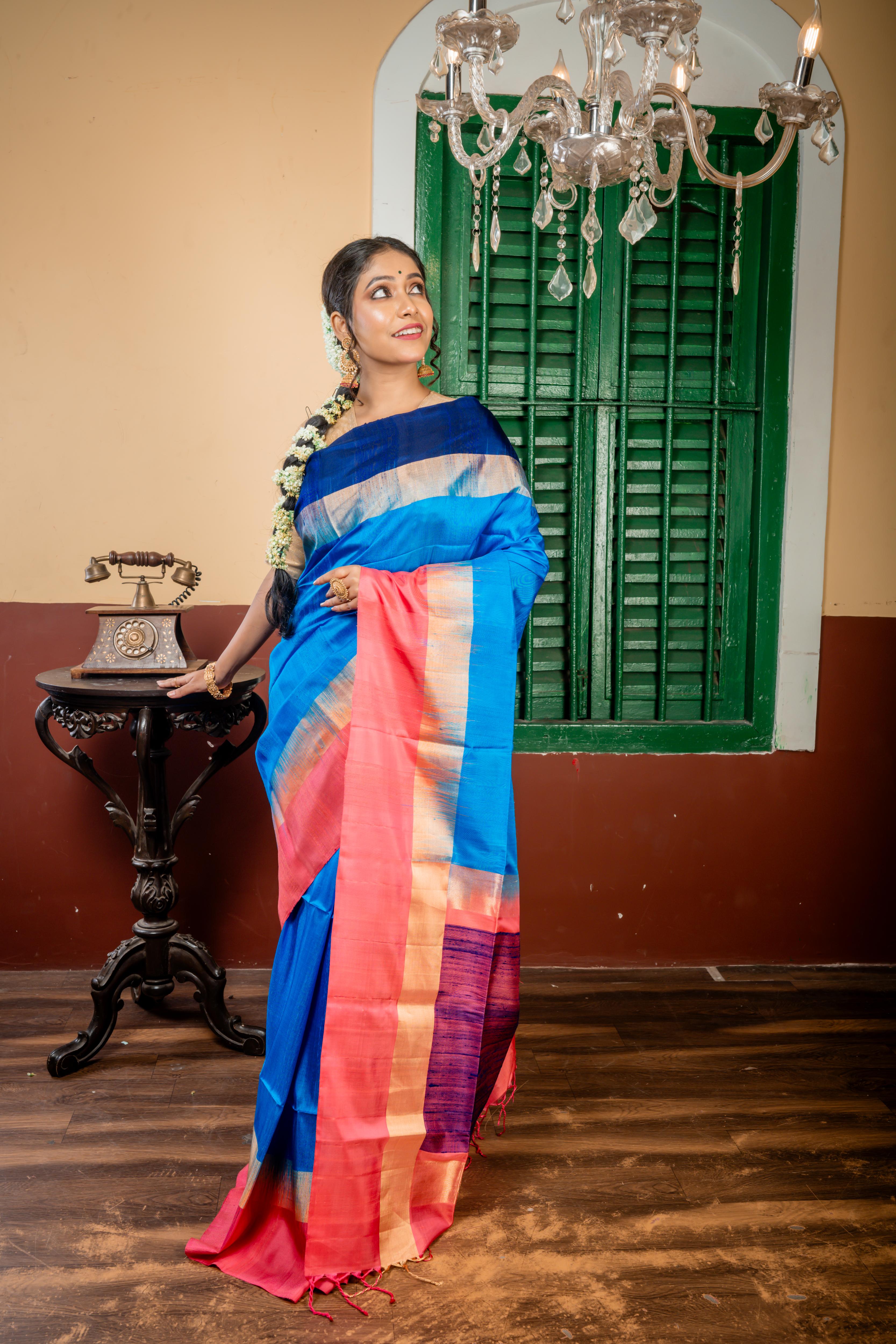 Vijitha || Cobalt Blue Pattu Soft Silk Handloom Saree with Plain body and Antique Gold Zari, Blush Pink & Midnight Blue 'Ganga Jamuna' broad Plain Border & Pallu with Handwoven Resham highlights
