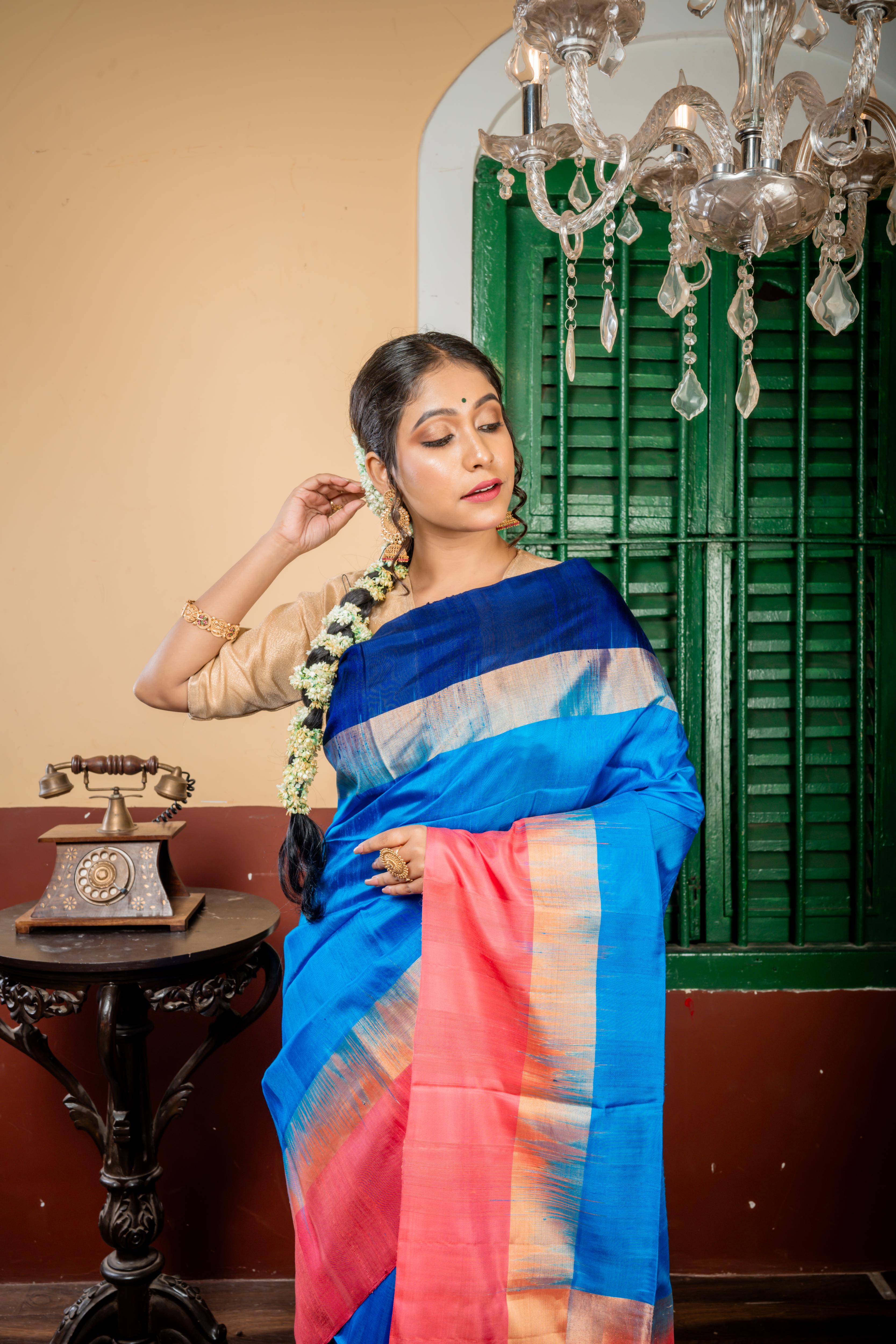 Vijitha || Cobalt Blue Pattu Soft Silk Handloom Saree with Plain body and Antique Gold Zari, Blush Pink & Midnight Blue 'Ganga Jamuna' broad Plain Border & Pallu with Handwoven Resham highlights
