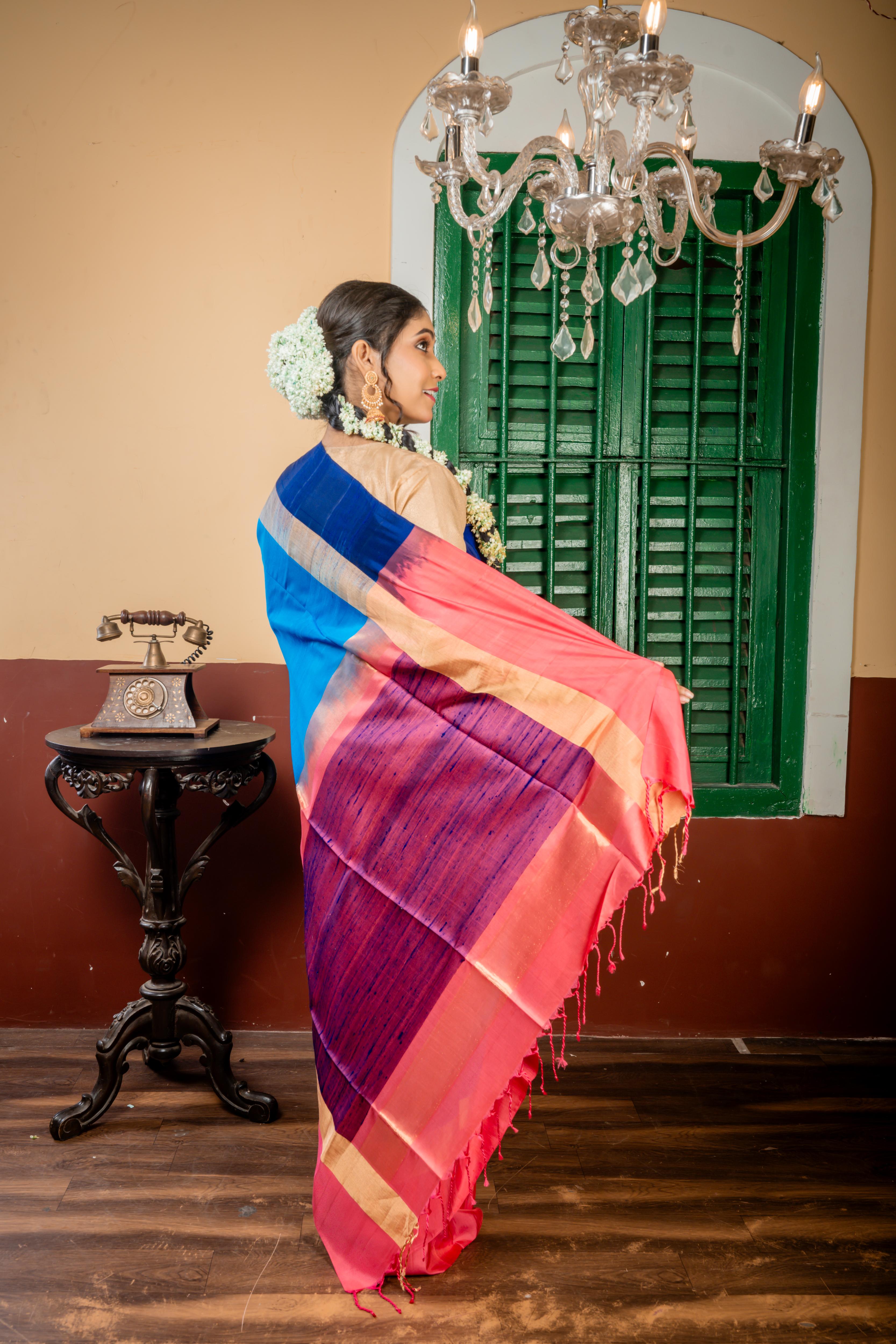 Vijitha || Cobalt Blue Pattu Soft Silk Handloom Saree with Plain body and Antique Gold Zari, Blush Pink & Midnight Blue 'Ganga Jamuna' broad Plain Border & Pallu with Handwoven Resham highlights