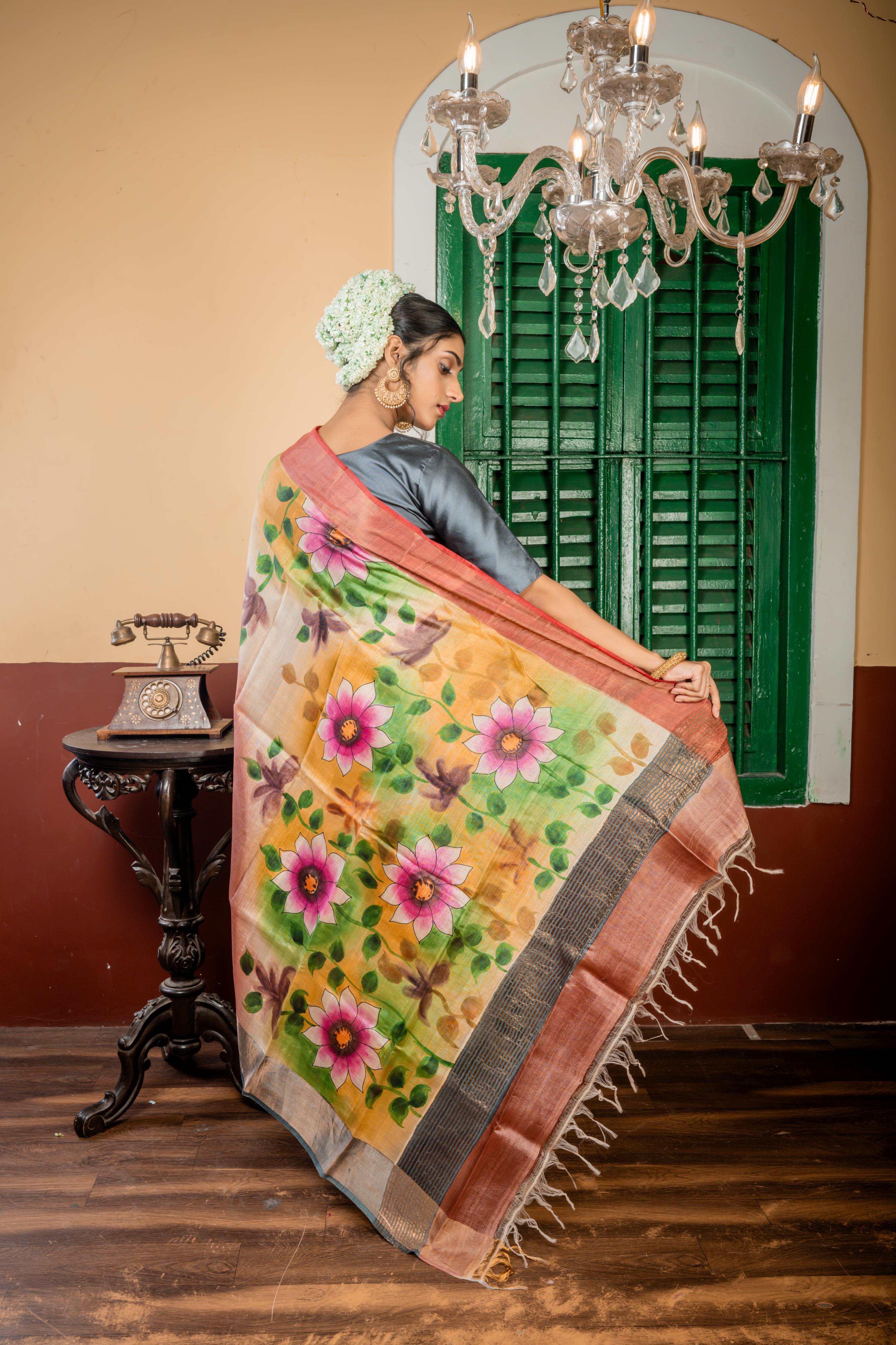 Alekhya || Rose Taupe & Multi-colour shaded Pure Tussar Handloom Silk Saree with Smokey Grey-Copper Zari & Dark Dusty Pink-Copper Zari 'Ganga Jamuna' Border and Multi-colour Foral Hand Paint Body & Pallu
