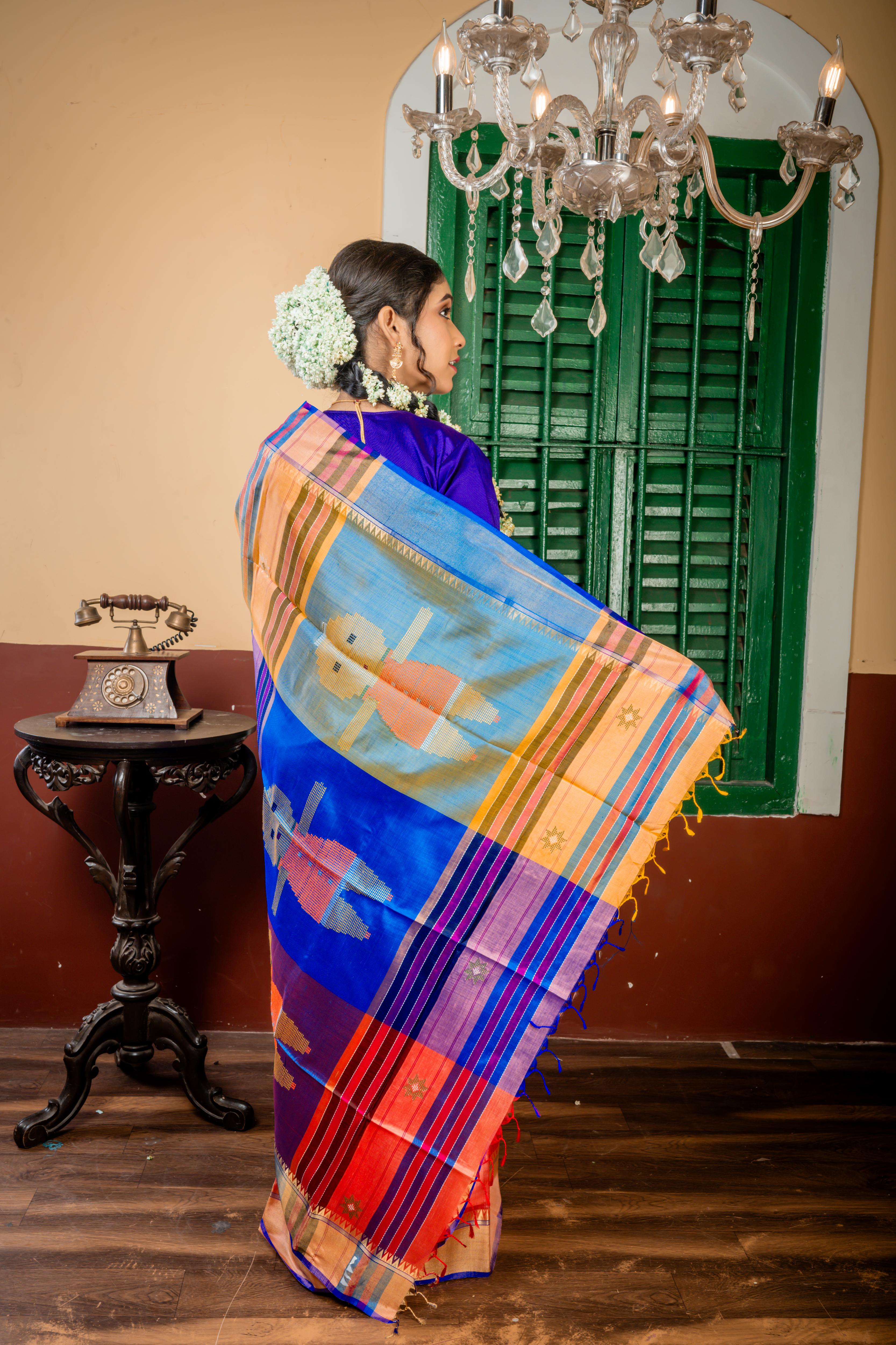 Panchali || Peach, Violet & Watermelon Pink 3D Colour Block and Golden Yellow dual tone Pure Bishnupuri Katan Handloom 'Kalakshetra' Embroidery Saree with all over Multi-colour Buta and Stripe & 'Tribal Doll' motif Pallu