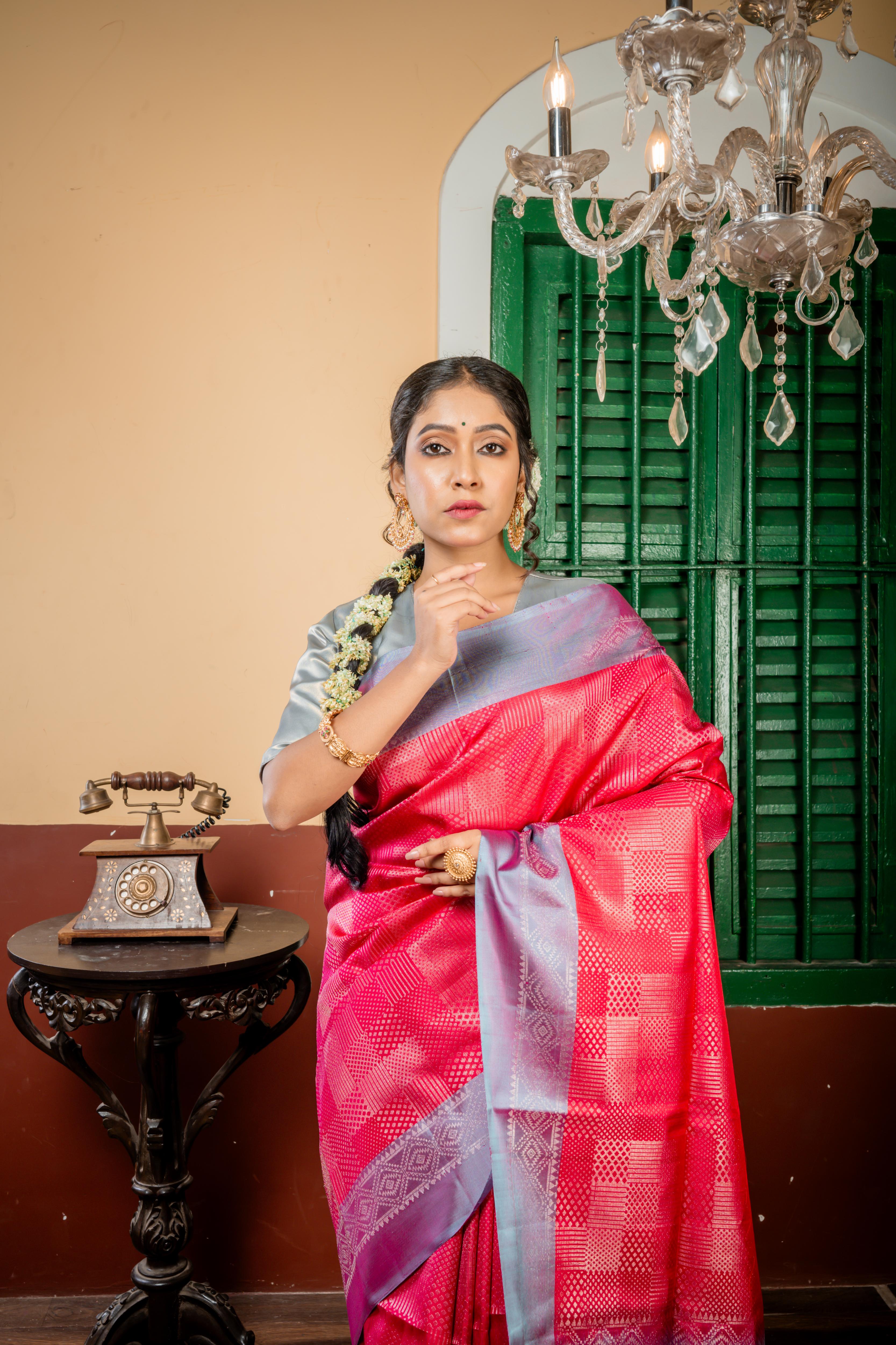 Kusumlata || Beetroot Red & Purple dual tone Pattu Soft Silk Handloom Saree with all over Matte Silver Zari Abstract design, Light Dusty Blue & Purple dual-tone Border and Pallu with Matte Silver Zari Traditional design || BB-DM1|7B