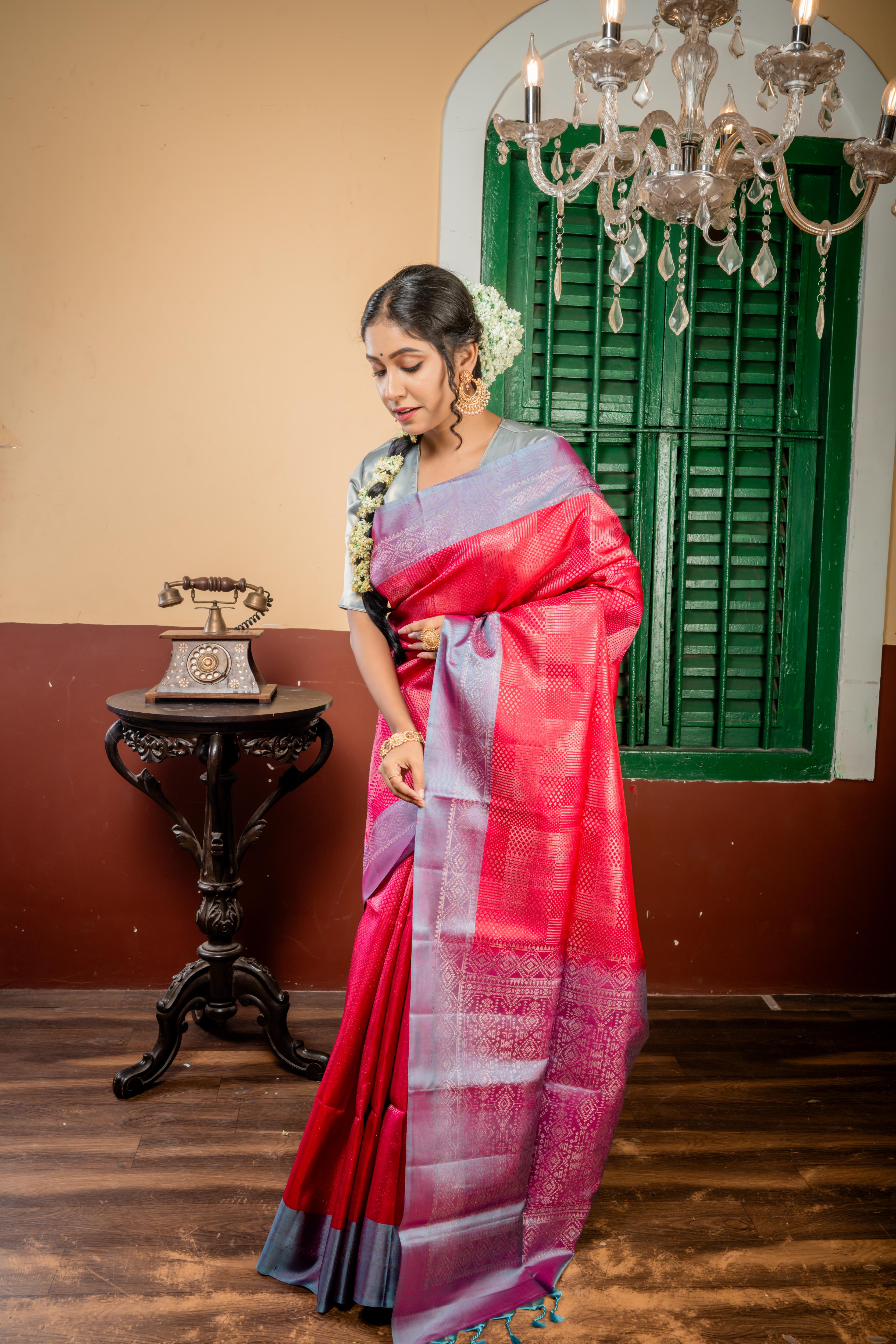 Kusumlata || Beetroot Red & Purple dual tone Pattu Soft Silk Handloom Saree with all over Matte Silver Zari Abstract design, Light Dusty Blue & Purple dual-tone Border and Pallu with Matte Silver Zari Traditional design || BB-DM1|7B