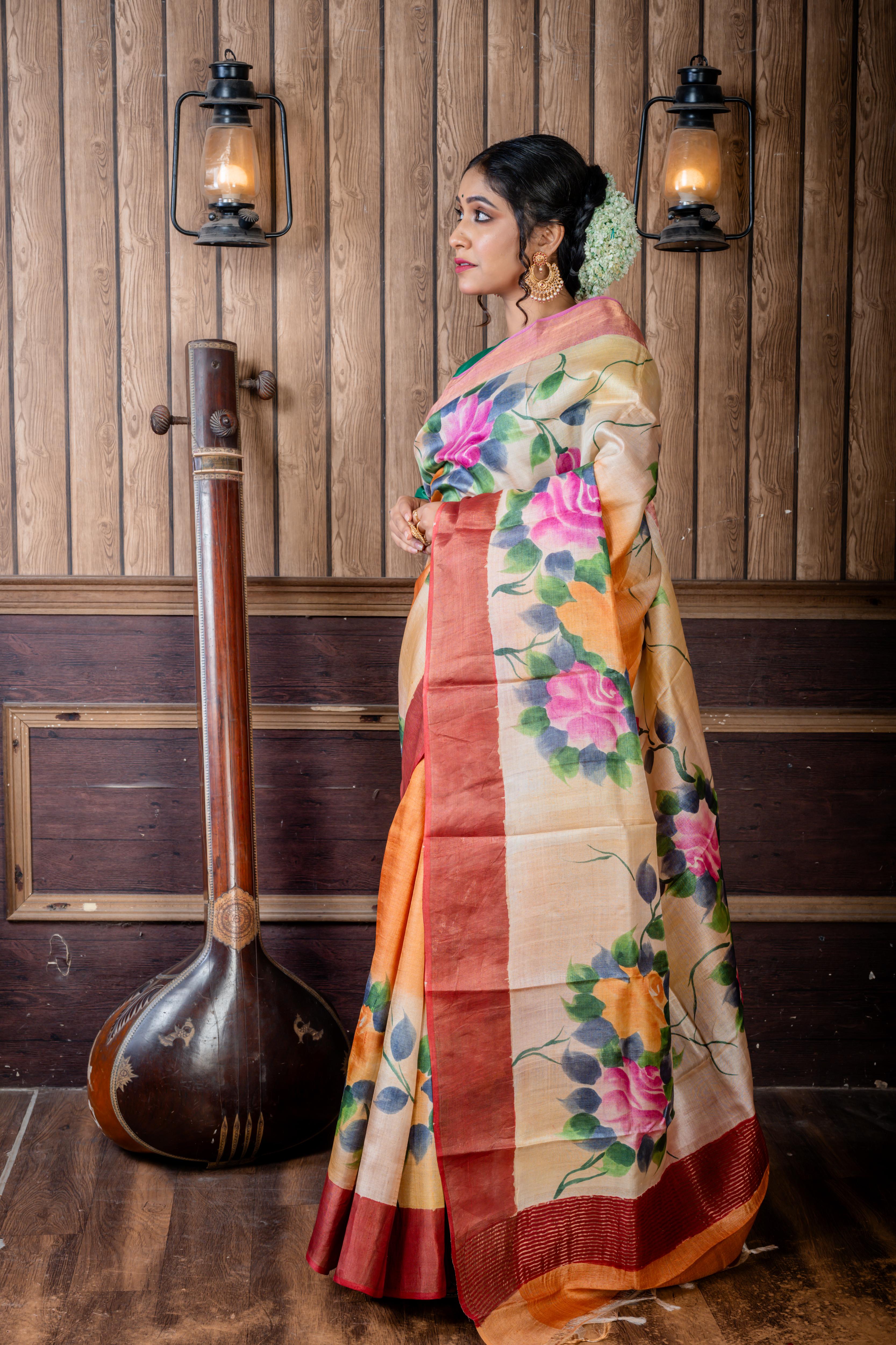 Shilpi || Apricot Brown & Multi-colour shaded Pure Tussar Handloom Silk Saree with Onion Pink-Gold Zari & Dark Dusty Pink-Copper Zari 'Ganga Jamuna' Border and Multi-colour Foral Hand Paint Body & Pallu