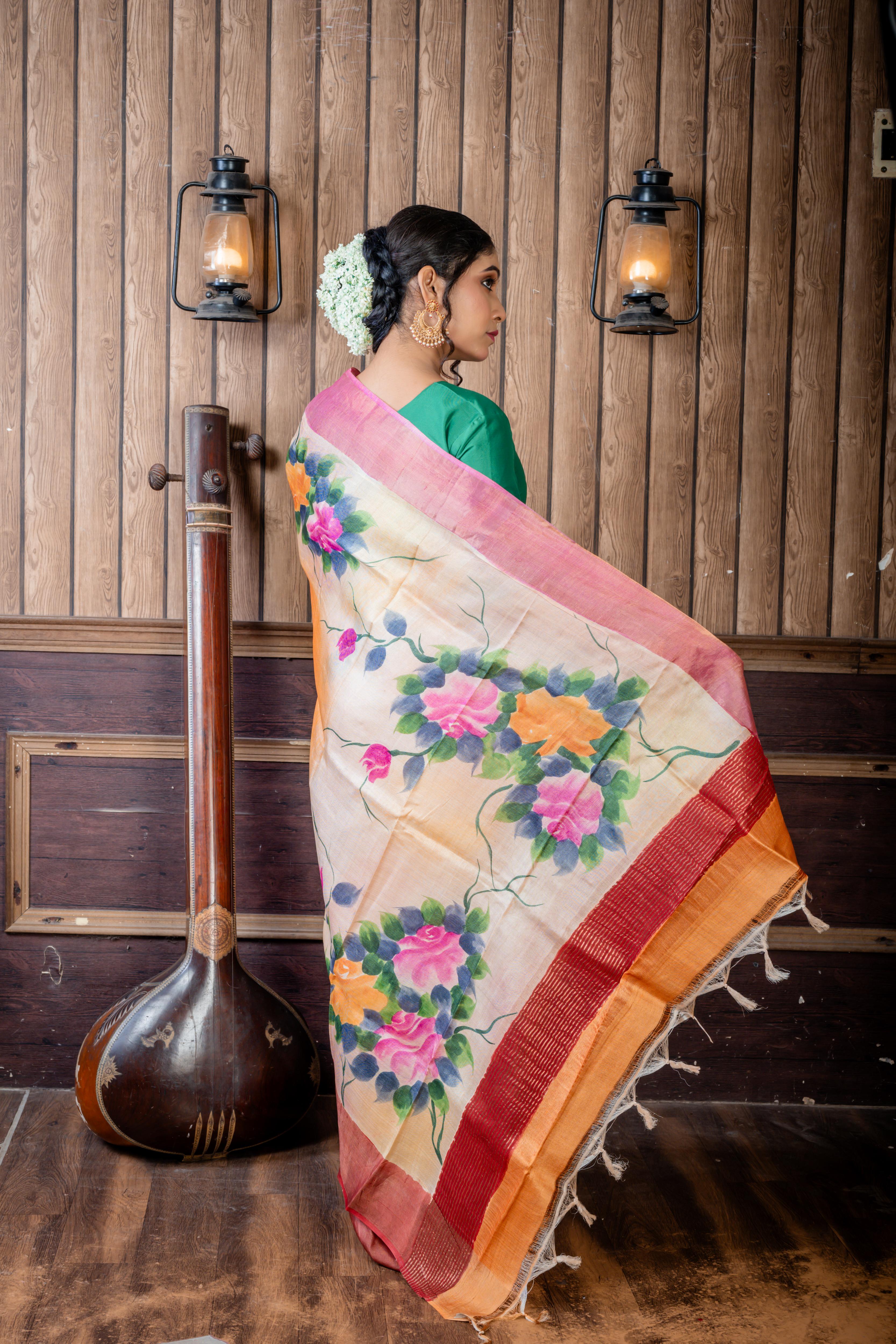 Shilpi || Apricot Brown & Multi-colour shaded Pure Tussar Handloom Silk Saree with Onion Pink-Gold Zari & Dark Dusty Pink-Copper Zari 'Ganga Jamuna' Border and Multi-colour Foral Hand Paint Body & Pallu