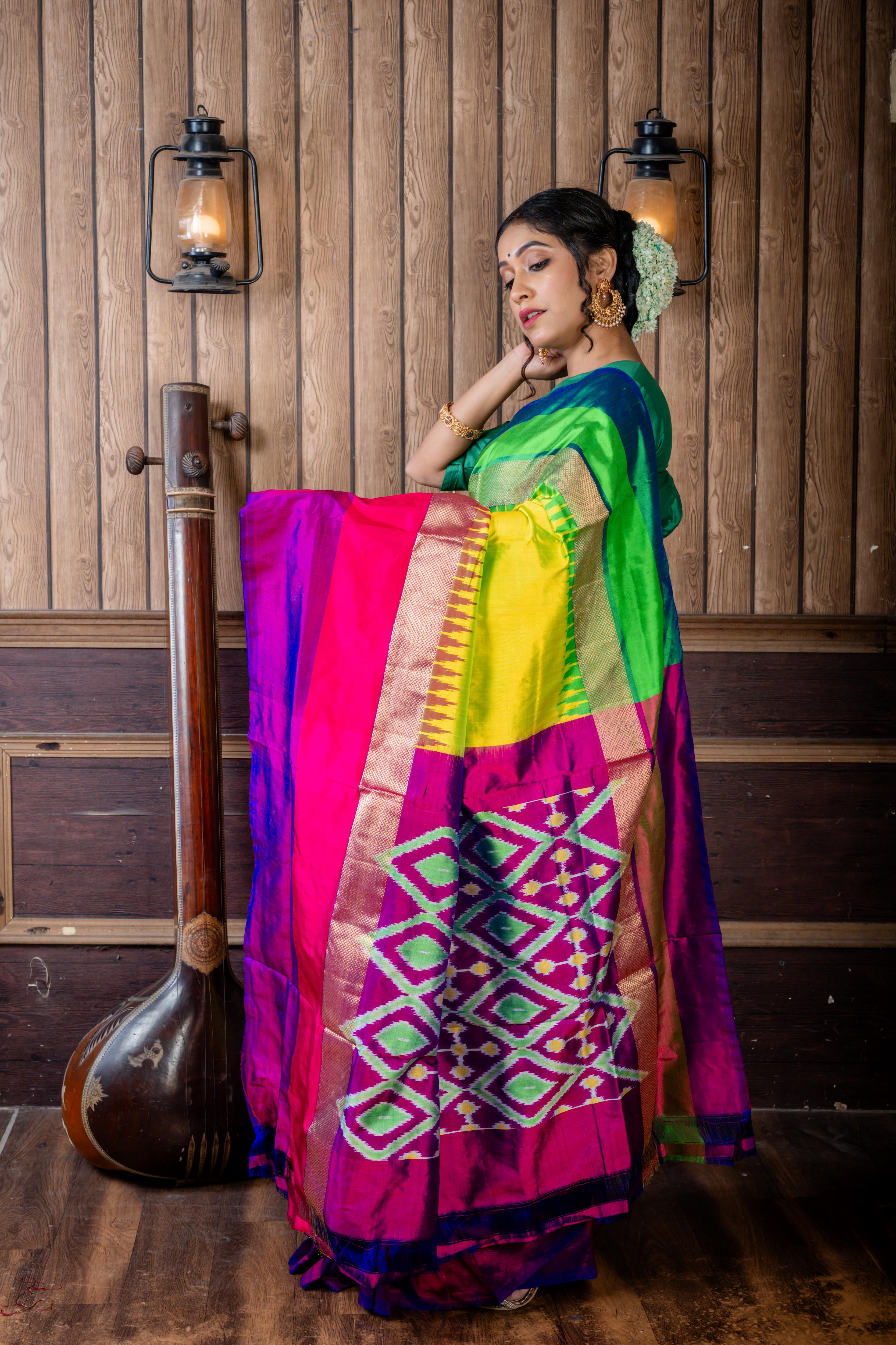 Vanalakshmi || Parrot Green Pure Pochampally Silk Handloom Saree with Plain Body, Light with Dark Green & Matte Gold Zari and  Magenta with Purple & Antique Gold Zari 'Ganga-Jamuna' Temple Border; and Purple 3D Ikkat Pallu