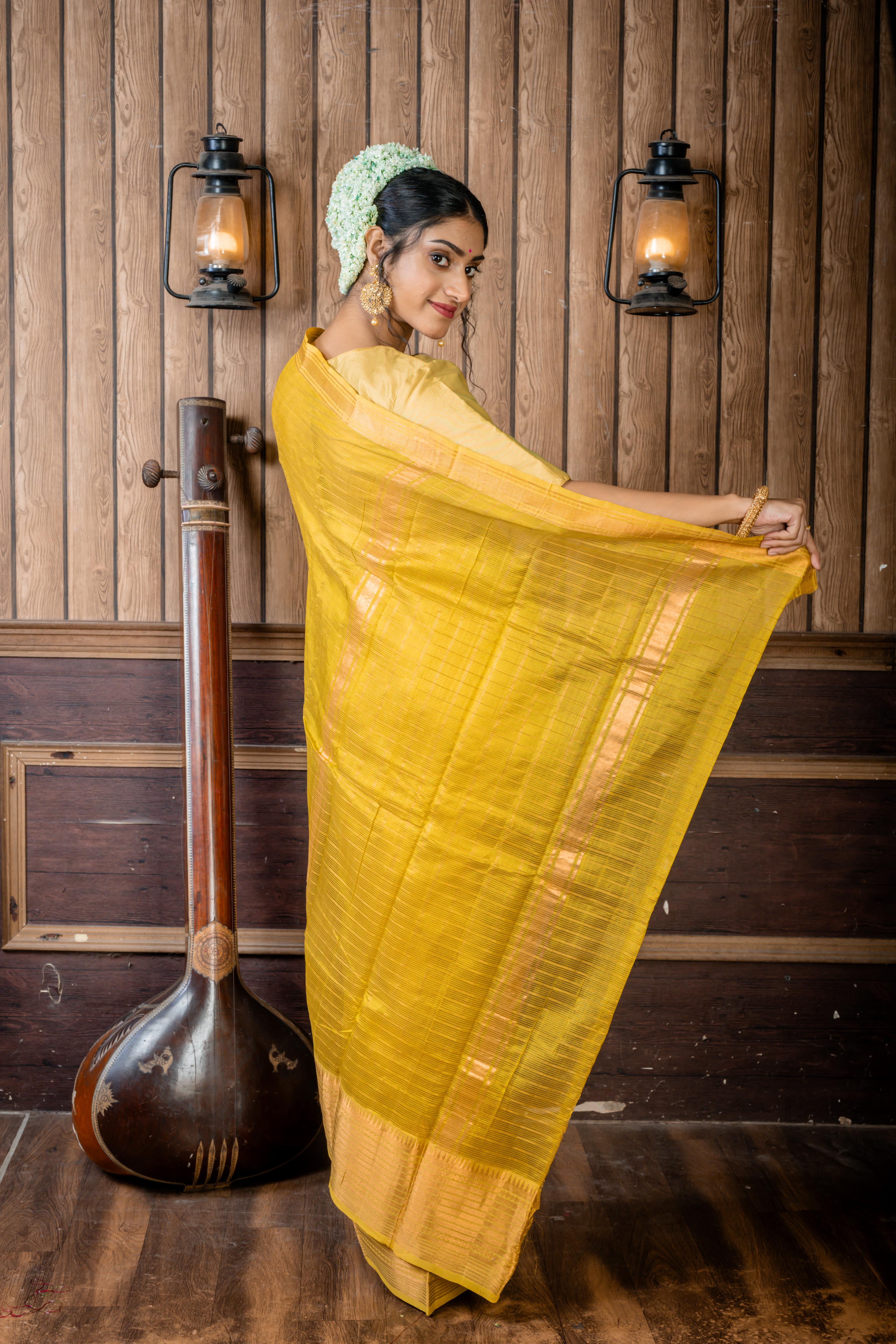 Samahita || Olive Green Resham Striped Cotton Mangalgiri with all over Antique Gold Zari Stripe, Traditional Border & Pallu with Stripe & Checks