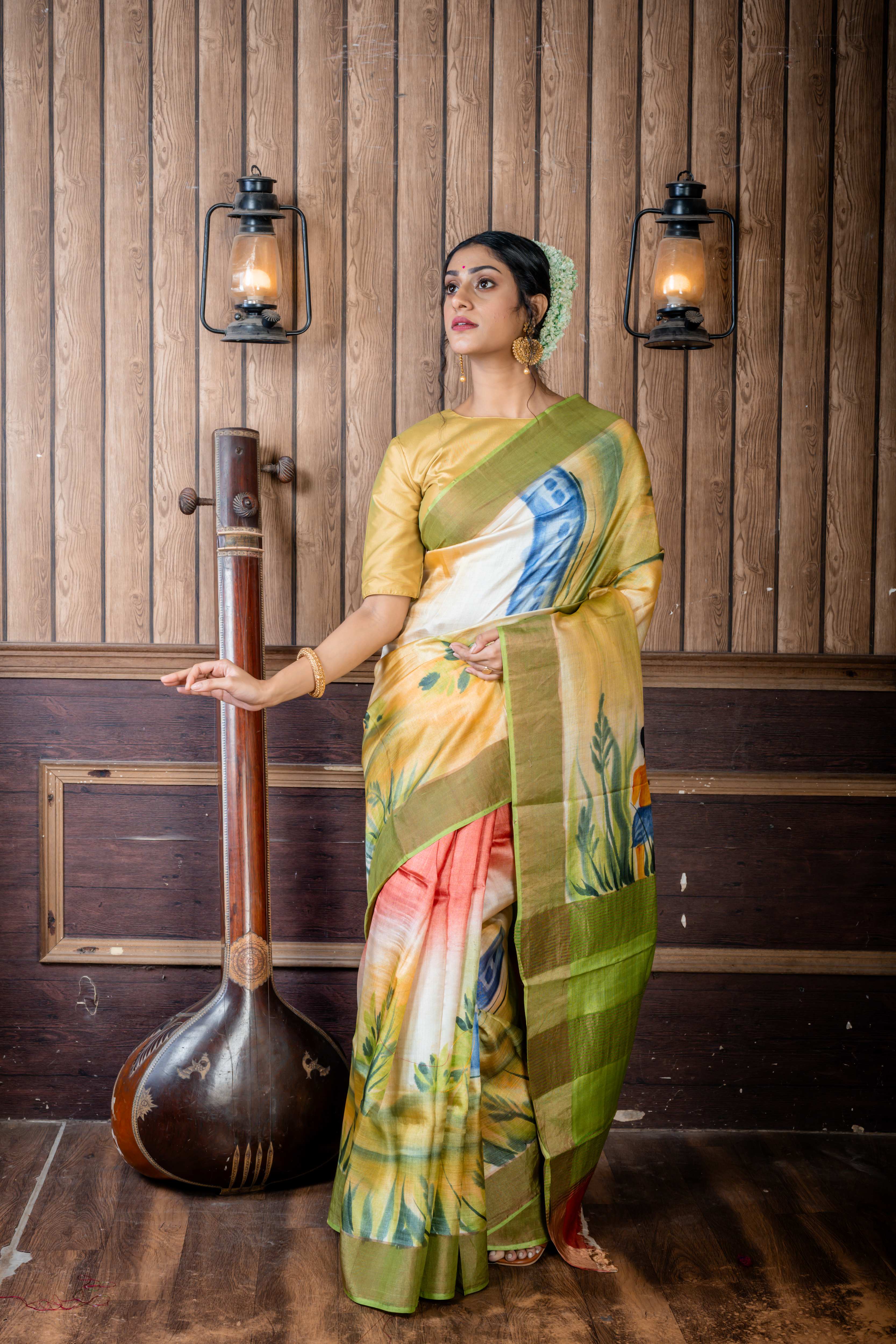 Suchitra || Peachy Brown & Multi-colour shaded Pure Tussar Silk Handloom Saree with Olive Green-Antique Gold Zari & Antique Copper 'Ganga Jamuna' Border and Multi-colour Foral Hand Paint Body & Pallu