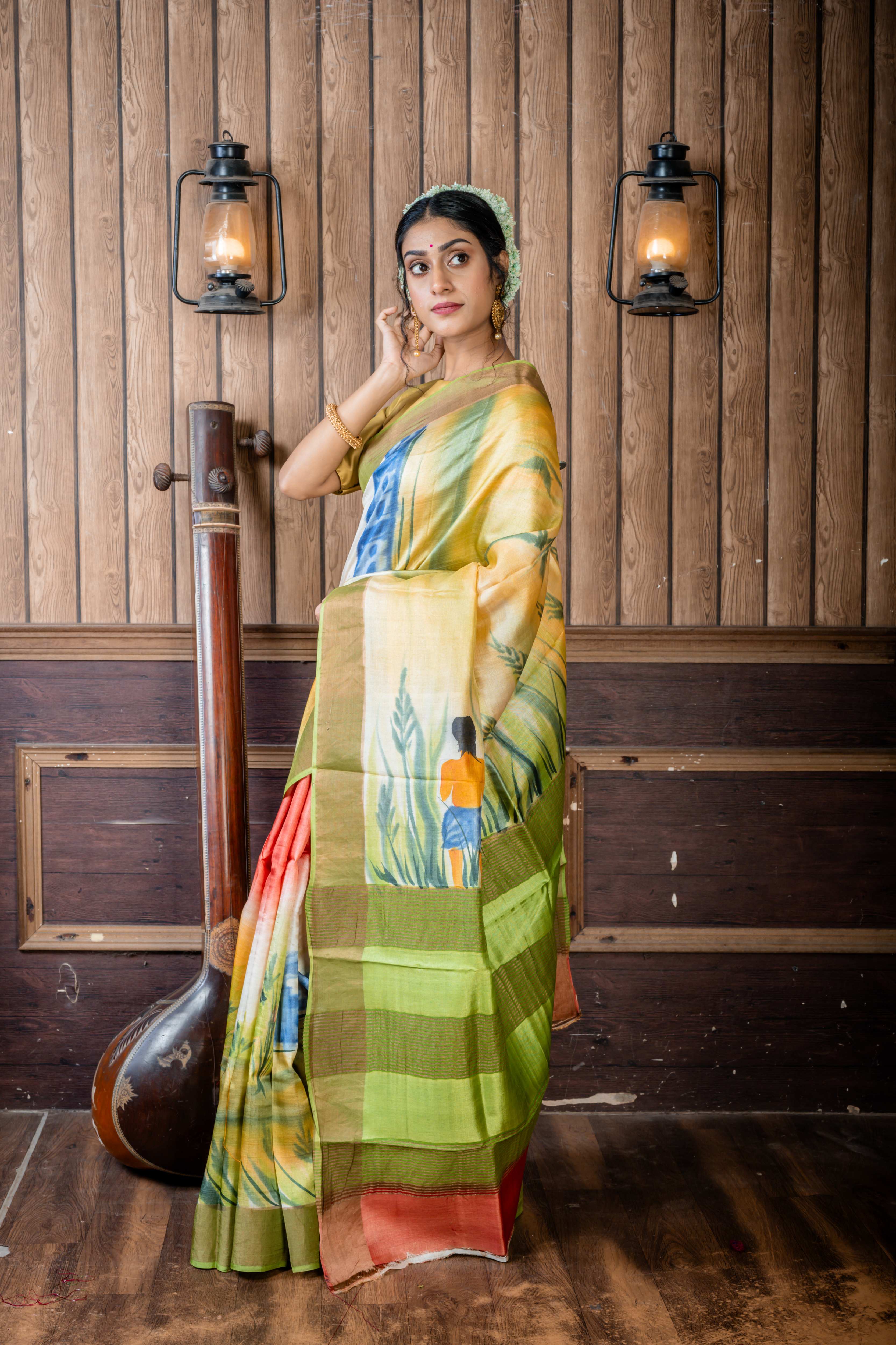 Suchitra || Peachy Brown & Multi-colour shaded Pure Tussar Silk Handloom Saree with Olive Green-Antique Gold Zari & Antique Copper 'Ganga Jamuna' Border and Multi-colour Foral Hand Paint Body & Pallu