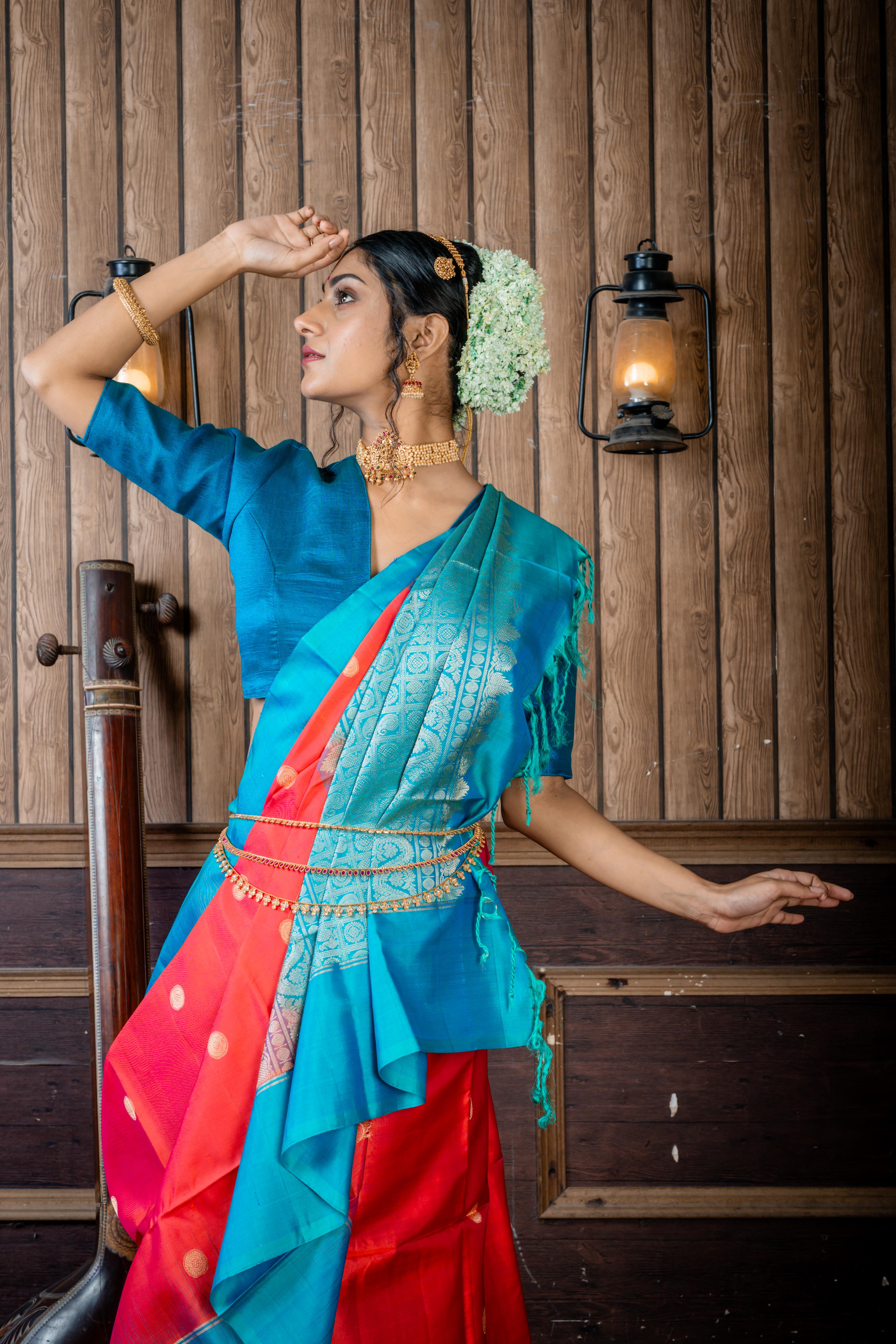 Lalitha || Magenta & Rust Orange dual tone Pattu Soft Silk Handloom Saree with all over Antique Gold Zari Buta and Turquoise Blue & Teal Green dual-tone Plain Border & Pallu with Matte Gold Zari Traditional Checks design