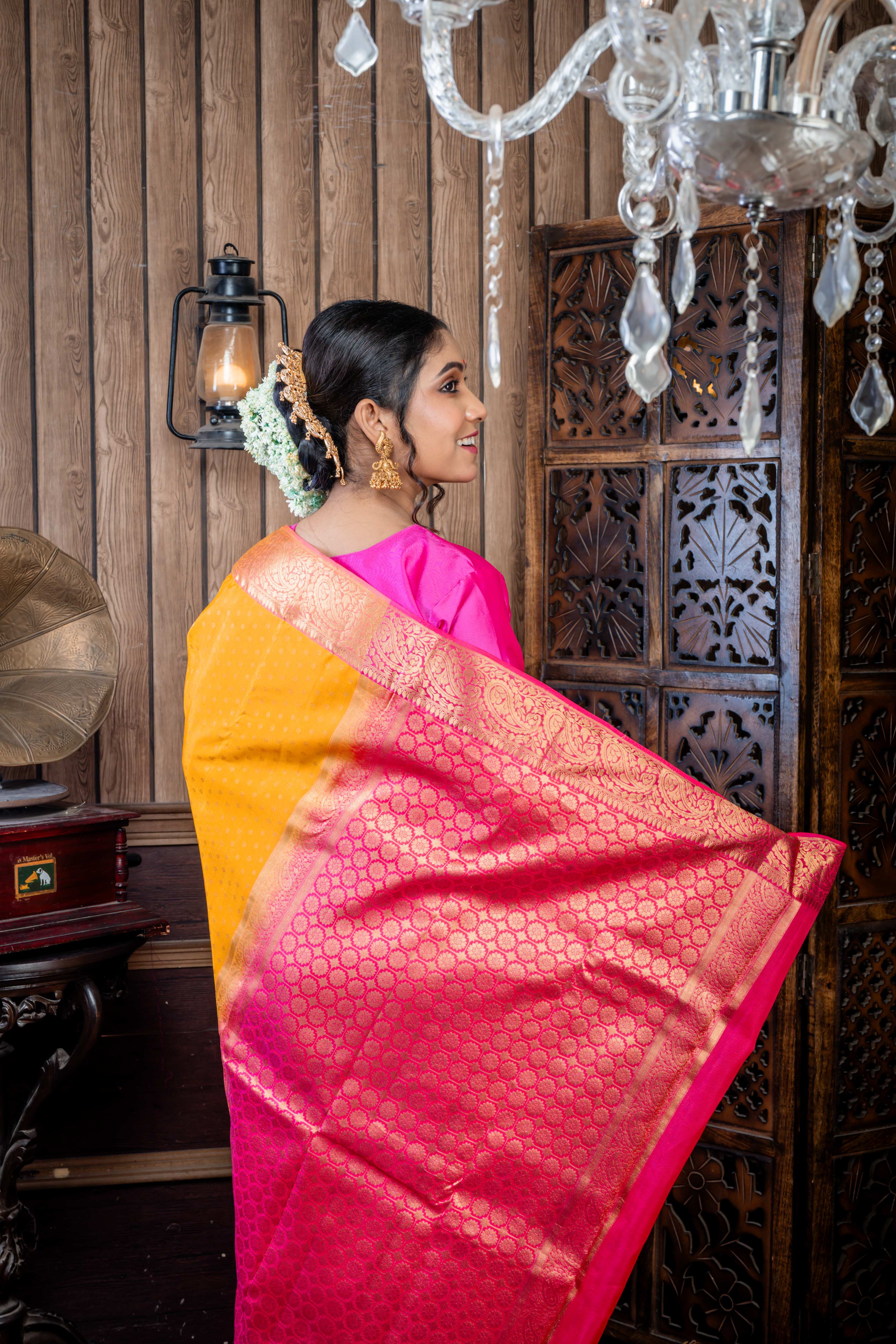 Saipriya || Mustard Yellow Kora Silk Saree with all over Matte Gold Zari Buti, Light Magenta Pink & Matte Gold Zari Border and Antique Zari Floral motif Pallu